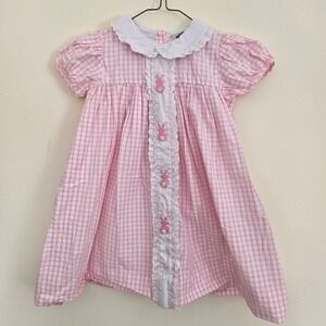 Cecil and Lou Girls Pink Gingham Bunny Embroidered Dress Peter Pan Collar 4T